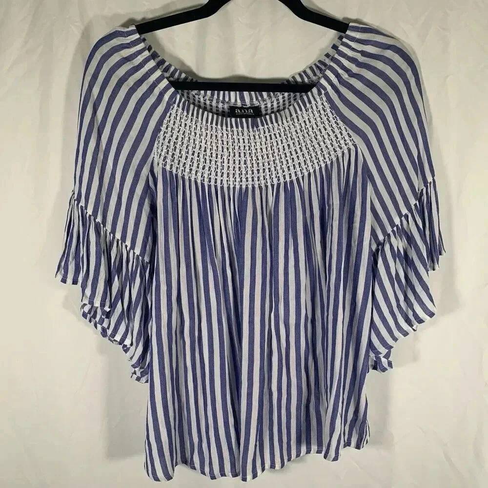 a.n.a Blouse Women’s Medium Blue White Striped Embroidered Bell Sleeve Top
